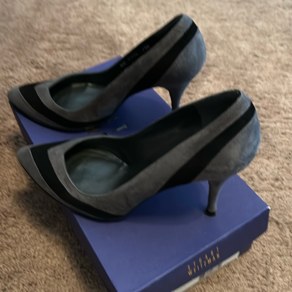 Gray Suede Pointed-Toe Pumps with Black Trim